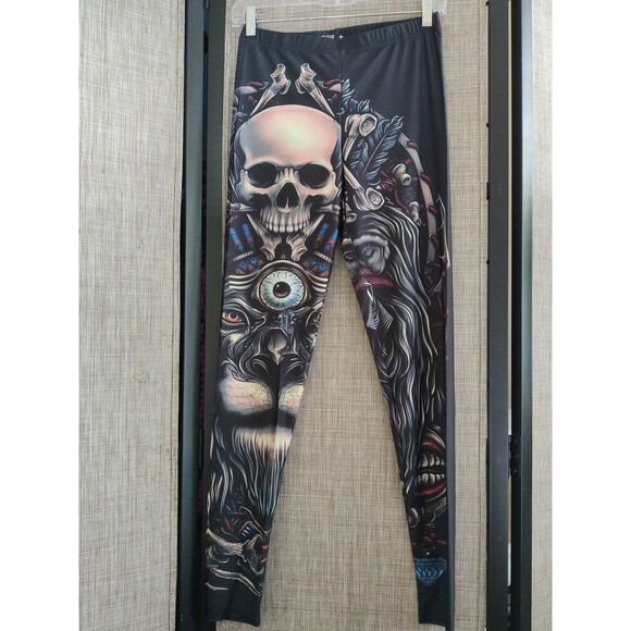 Reg one Size Halloween Ugly Skull Leggings Black - Picture 10 of 10
